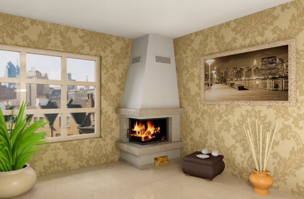 Угловой кирпичный камин с планом стены и размерами