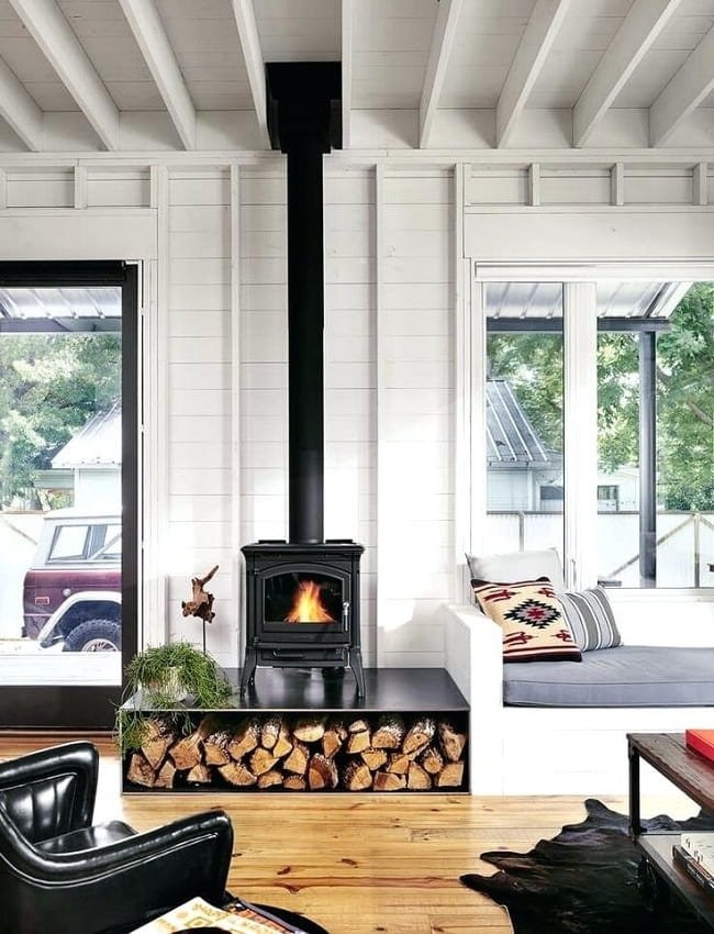 Камин можно сопоставить с белой стеной, выбрав контрастный черный цвет.