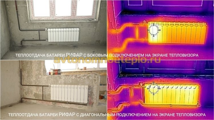 сравнение тепловой эффективности радиаторов Rifar с боковым и диагональным подключением